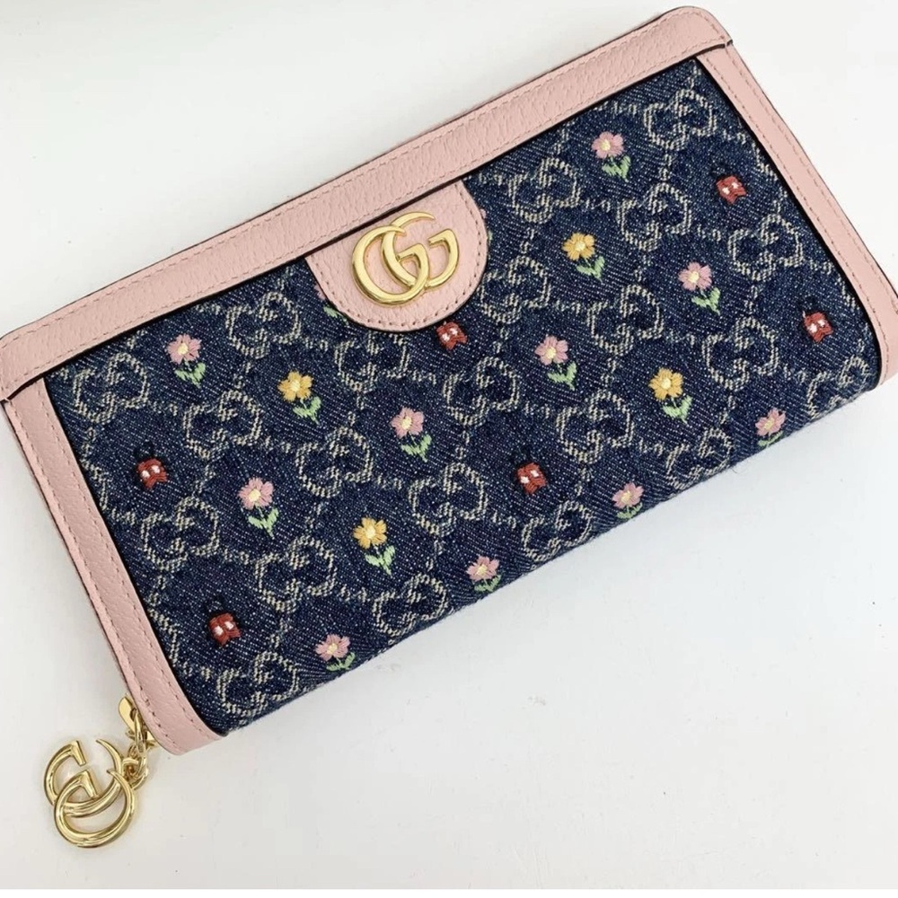 Gucci GG Pink , denim  embroidered Floral Pattern Wallet OPHIDIA